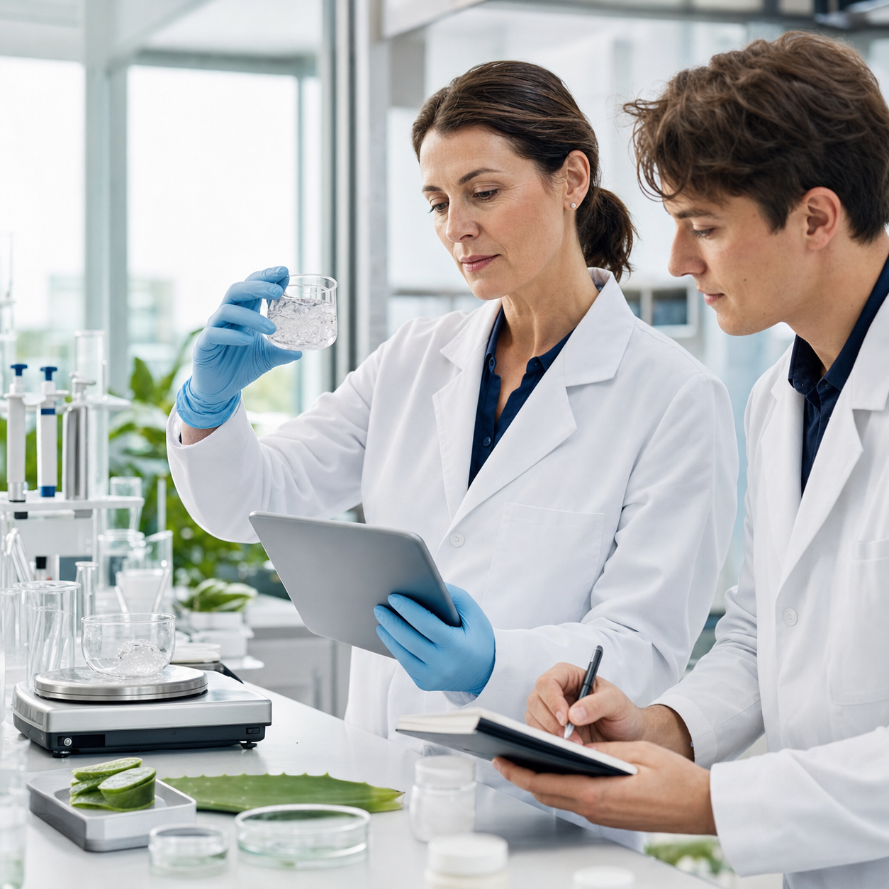Erfahrene Wissenschaftlerin und Kollege bei der sorgfältigen Prüfung einer kosmetischen Formulierung